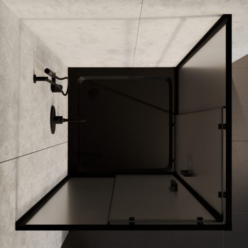 HD Moment 80x80 szögletes két tolóajtós matt zuhanykabin fekete slim zuhanytálcával és fekete szifonnal, fekete színű elemekkel, 190 cm magas