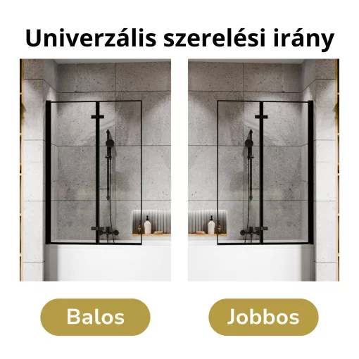 HD Niko Black 100x150 összecsukható 2 szárnyú kádparaván 6 mm vastag vízlepergető biztonsági üveggel, fekete elemekkel