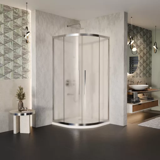 HD Nova+ 80x80 íves két tolóajtós matt zuhanykabin fehér slim zuhanytálcával és króm szifonnal, krómozott elemekkel, 190 cm magas