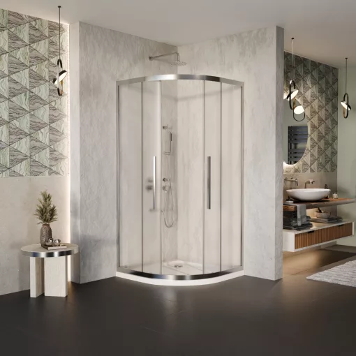 HD Nova+ 80x80 íves két tolóajtós matt zuhanykabin fehér slim zuhanytálcával és króm szifonnal, krómozott elemekkel, 190 cm magas