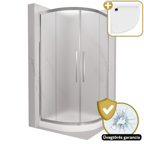 HD Nova+ 90x90 íves két tolóajtós matt zuhanykabin fehér magas zuhanytálcával és króm szifonnal, krómozott elemekkel, 190 cm magas