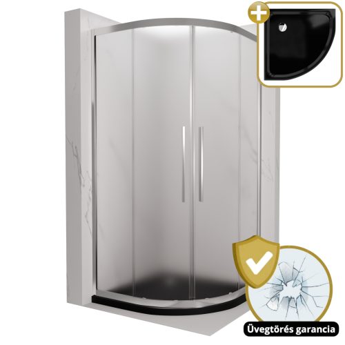 HD Nova+ 90x90 íves két tolóajtós matt zuhanykabin fekete slim zuhanytálcával és króm szifonnal, krómozott elemekkel, 190 cm magas