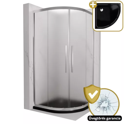 HD Nova+ 80x80 íves két tolóajtós matt zuhanykabin fekete slim zuhanytálcával és króm szifonnal, krómozott elemekkel, 190 cm magas