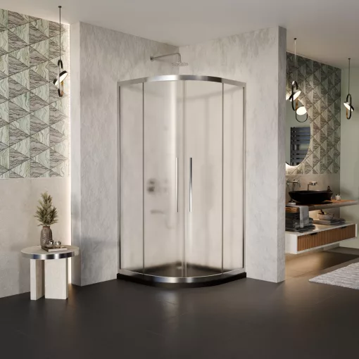 HD Nova+ 80x80 íves két tolóajtós matt zuhanykabin fekete slim zuhanytálcával és króm szifonnal, krómozott elemekkel, 190 cm magas