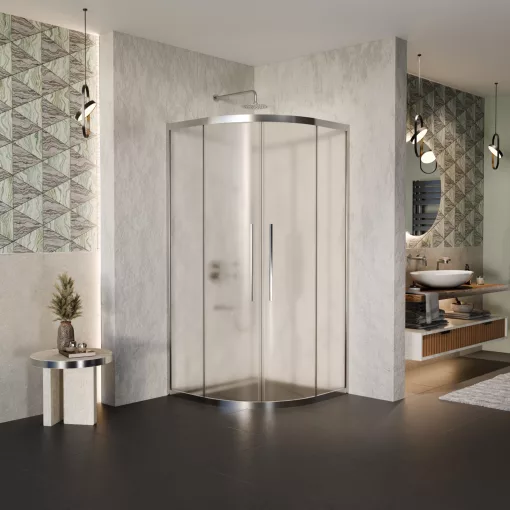 HD Nova+ 90x90 íves két tolóajtós matt zuhanykabin 6 mm vastag vízlepergető biztonsági üveggel, krómozott elemekkel, 190 cm magas