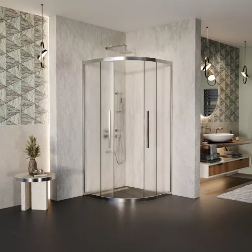 HD Nova+ 90x90 íves két tolóajtós matt zuhanykabin 6 mm vastag vízlepergető biztonsági üveggel, krómozott elemekkel, 190 cm magas