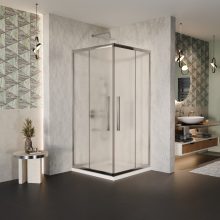 HD Nova+ szögletes két tolóajtós matt zuhanykabin fehér slim zuhanytálcával és króm szifonnal, krómozott elemekkel, 190 cm magas