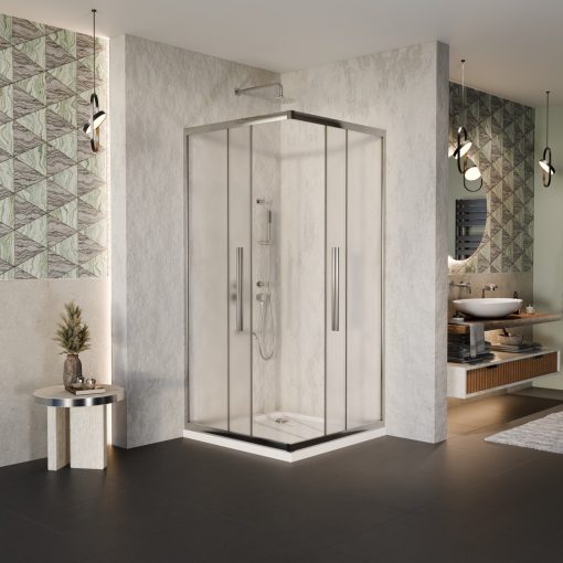 HD Nova+ szögletes két tolóajtós matt zuhanykabin fehér slim zuhanytálcával és króm szifonnal, krómozott elemekkel, 190 cm magas