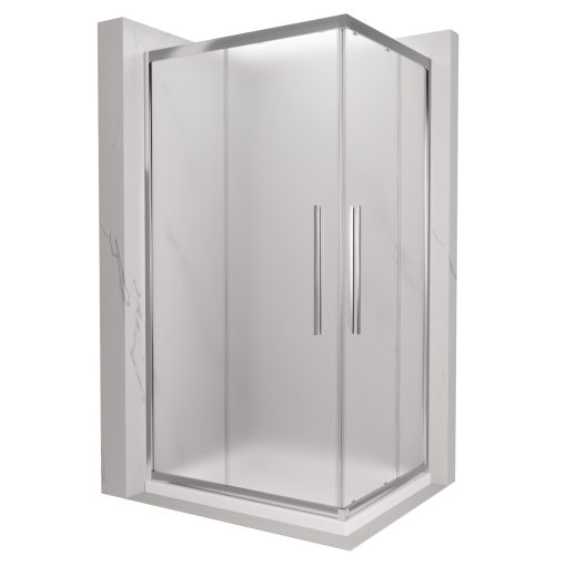 HD Nova+ aszimmetrikus szögletes két tolóajtós matt zuhanykabin fehér slim zuhanytálcával és króm szifonnal, krómozott elemekkel, 190 cm magas