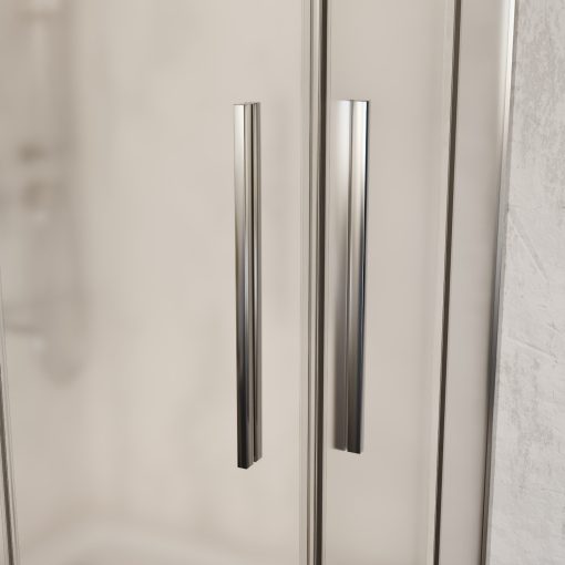 HD Nova+ aszimmetrikus szögletes két tolóajtós matt zuhanykabin fehér slim zuhanytálcával és króm szifonnal, krómozott elemekkel, 190 cm magas