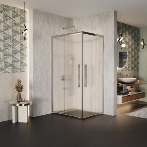 HD Nova+ aszimmetrikus szögletes két tolóajtós matt zuhanykabin 6 mm vastag vízlepergető biztonsági üveggel, krómozott elemekkel, 190 cm magas