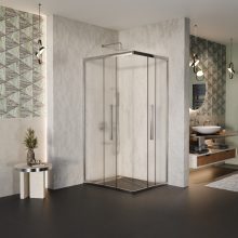 HD Nova+ aszimmetrikus szögletes két tolóajtós matt zuhanykabin 6 mm vastag vízlepergető biztonsági üveggel, krómozott elemekkel, 190 cm magas