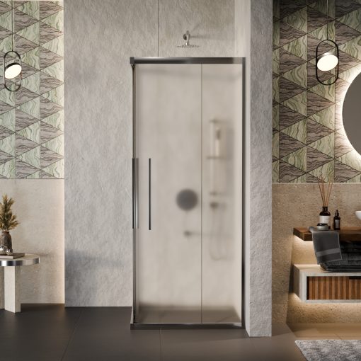 HD Nova+ aszimmetrikus szögletes két tolóajtós matt zuhanykabin 6 mm vastag vízlepergető biztonsági üveggel, krómozott elemekkel, 190 cm magas