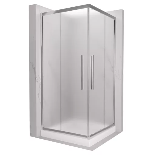 HD Nova+ 80x80 szögletes két tolóajtós matt zuhanykabin fehér magas zuhanytálcával és króm szifonnal, krómozott elemekkel, 190 cm magas