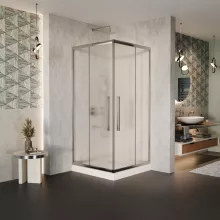 HD Nova+ 80x80 szögletes két tolóajtós matt zuhanykabin fehér magas zuhanytálcával és króm szifonnal, krómozott elemekkel, 190 cm magas