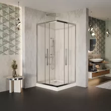 HD Nova+ 80x80 szögletes két tolóajtós matt zuhanykabin fehér magas zuhanytálcával és króm szifonnal, krómozott elemekkel, 190 cm magas