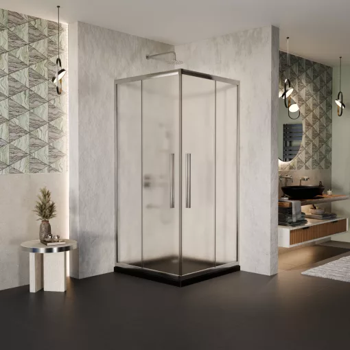 HD Nova+ 80x80 szögletes két tolóajtós matt zuhanykabin fekete slim zuhanytálcával és króm szifonnal, krómozott elemekkel, 190 cm magas