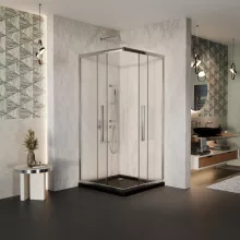 HD Nova+ 80x80 szögletes két tolóajtós matt zuhanykabin fekete slim zuhanytálcával és króm szifonnal, krómozott elemekkel, 190 cm magas