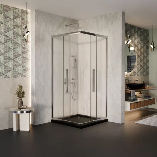 HD Nova+ 80x80 szögletes két tolóajtós matt zuhanykabin fekete slim zuhanytálcával és króm szifonnal, krómozott elemekkel, 190 cm magas