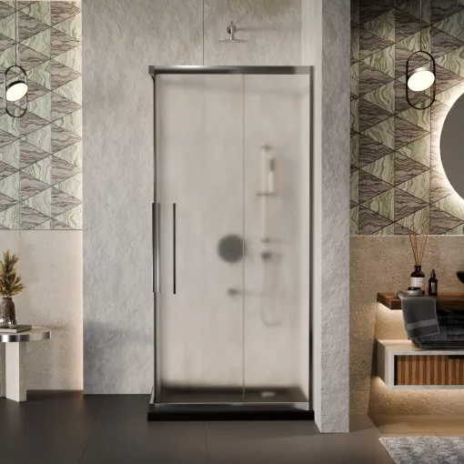 HD Nova+ 80x80 szögletes két tolóajtós matt zuhanykabin fekete slim zuhanytálcával és króm szifonnal, krómozott elemekkel, 190 cm magas