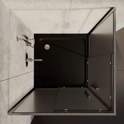 HD Nova+ 80x80 szögletes két tolóajtós matt zuhanykabin fekete slim zuhanytálcával és króm szifonnal, krómozott elemekkel, 190 cm magas