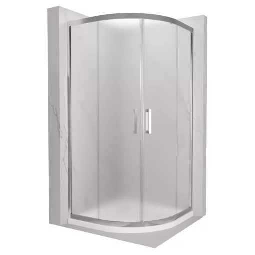 HD Nova 90x90 íves két tolóajtós matt zuhanykabin fehér slim zuhanytálcával és króm szifonnal, krómozott elemekkel, 190 cm magas