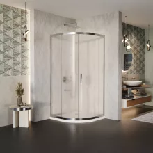 HD Nova 90x90 íves két tolóajtós matt zuhanykabin fehér slim zuhanytálcával és króm szifonnal, krómozott elemekkel, 190 cm magas