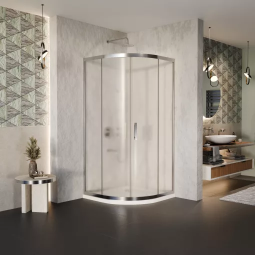 HD Nova 90x90 íves két tolóajtós matt zuhanykabin fehér slim zuhanytálcával és króm szifonnal, krómozott elemekkel, 190 cm magas