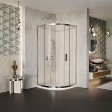 HD Nova 90x90 íves két tolóajtós matt zuhanykabin fehér slim zuhanytálcával és króm szifonnal, krómozott elemekkel, 190 cm magas
