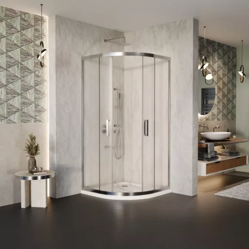 HD Nova 90x90 íves két tolóajtós matt zuhanykabin fehér slim zuhanytálcával és króm szifonnal, krómozott elemekkel, 190 cm magas