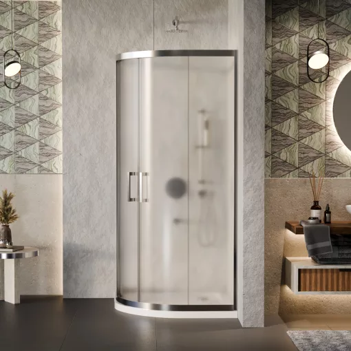 HD Nova 90x90 íves két tolóajtós matt zuhanykabin fehér slim zuhanytálcával és króm szifonnal, krómozott elemekkel, 190 cm magas