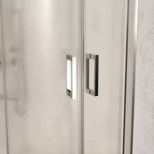 HD Nova 90x90 íves két tolóajtós matt zuhanykabin fehér slim zuhanytálcával és króm szifonnal, krómozott elemekkel, 190 cm magas