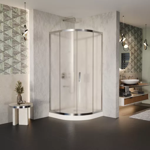 HD Nova 80x80 íves két tolóajtós matt zuhanykabin fehér magas zuhanytálcával és króm szifonnal, krómozott elemekkel, 190 cm magas