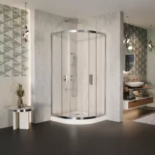 HD Nova 80x80 íves két tolóajtós matt zuhanykabin fehér magas zuhanytálcával és króm szifonnal, krómozott elemekkel, 190 cm magas