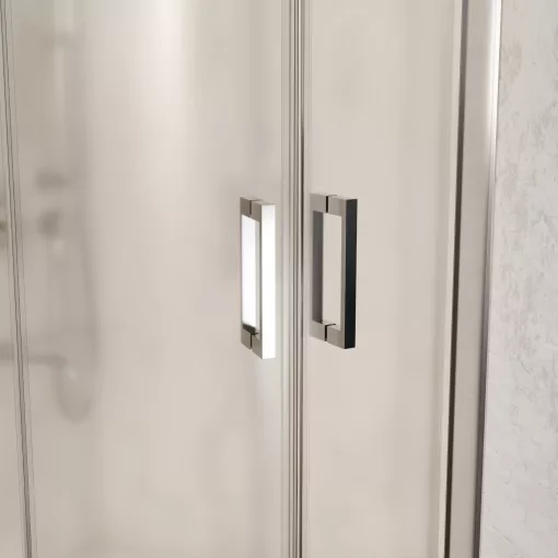 HD Nova 80x80 íves két tolóajtós matt zuhanykabin fehér magas zuhanytálcával és króm szifonnal, krómozott elemekkel, 190 cm magas