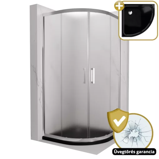 HD Nova 80x80 íves két tolóajtós matt zuhanykabin fekete slim zuhanytálcával és króm szifonnal, krómozott elemekkel, 190 cm magas