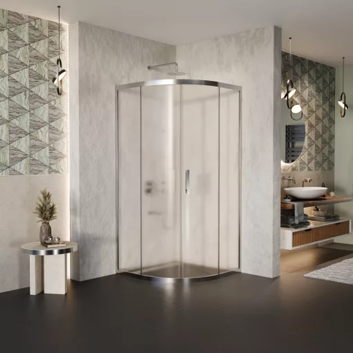 HD Nova 90x90 íves két tolóajtós matt zuhanykabin 6 mm vastag vízlepergető biztonsági üveggel, krómozott elemekkel, 190 cm magas