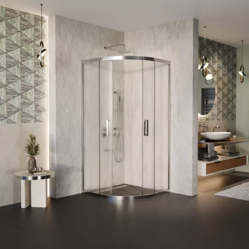 HD Nova 90x90 íves két tolóajtós matt zuhanykabin 6 mm vastag vízlepergető biztonsági üveggel, krómozott elemekkel, 190 cm magas