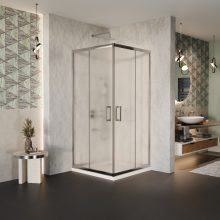 HD Nova 100x100 szögletes két tolóajtós matt zuhanykabin fehér slim zuhanytálcával és króm szifonnal, krómozott elemekkel, 190 cm magas