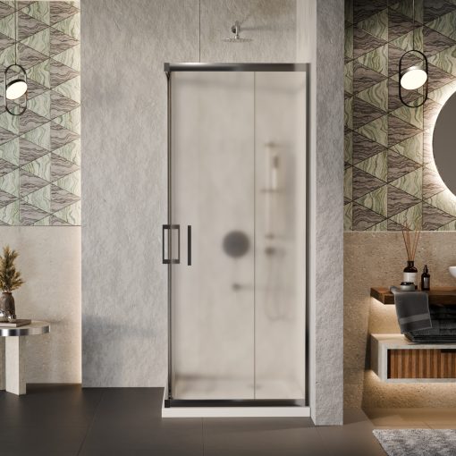 HD Nova aszimmetrikus szögletes két tolóajtós matt zuhanykabin fehér slim zuhanytálcával és króm szifonnal, krómozott elemekkel, 190 cm magas