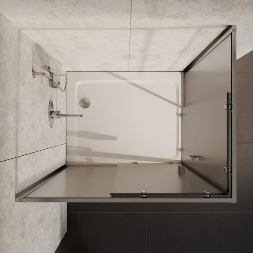 HD Nova aszimmetrikus szögletes két tolóajtós matt zuhanykabin fehér slim zuhanytálcával és króm szifonnal, krómozott elemekkel, 190 cm magas