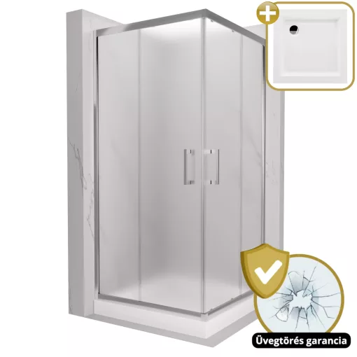 HD Nova 80x80 szögletes két tolóajtós matt zuhanykabin fehér magas zuhanytálcával és króm szifonnal, krómozott elemekkel, 190 cm magas