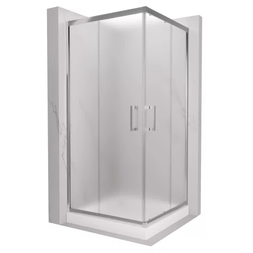 HD Nova 80x80 szögletes két tolóajtós matt zuhanykabin fehér magas zuhanytálcával és króm szifonnal, krómozott elemekkel, 190 cm magas