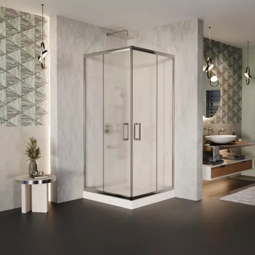 HD Nova 80x80 szögletes két tolóajtós matt zuhanykabin fehér magas zuhanytálcával és króm szifonnal, krómozott elemekkel, 190 cm magas