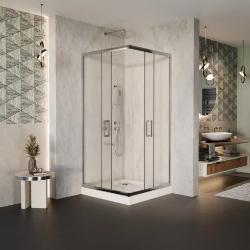 HD Nova 80x80 szögletes két tolóajtós matt zuhanykabin fehér magas zuhanytálcával és króm szifonnal, krómozott elemekkel, 190 cm magas