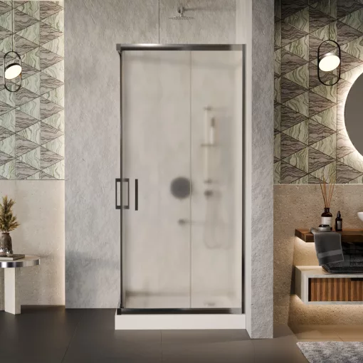 HD Nova 80x80 szögletes két tolóajtós matt zuhanykabin fehér magas zuhanytálcával és króm szifonnal, krómozott elemekkel, 190 cm magas