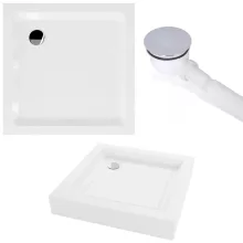 HD Nova 80x80 szögletes két tolóajtós matt zuhanykabin fehér magas zuhanytálcával és króm szifonnal, krómozott elemekkel, 190 cm magas