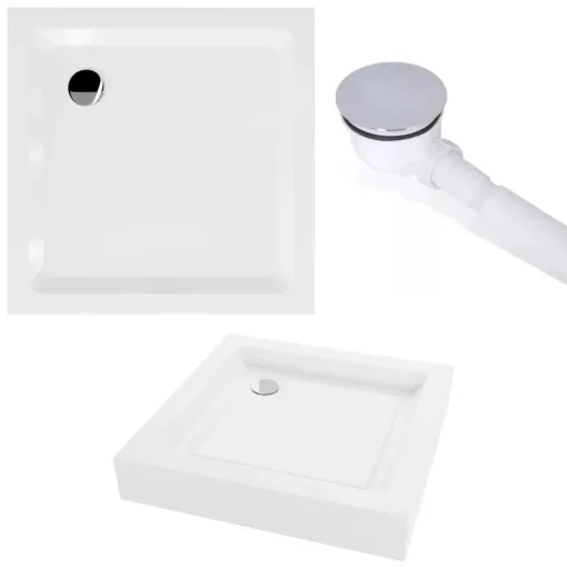 HD Nova 80x80 szögletes két tolóajtós matt zuhanykabin fehér magas zuhanytálcával és króm szifonnal, krómozott elemekkel, 190 cm magas