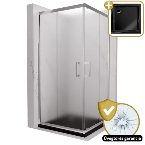 HD Nova 80x80 szögletes két tolóajtós matt zuhanykabin fekete slim zuhanytálcával és króm szifonnal, krómozott elemekkel, 190 cm magas