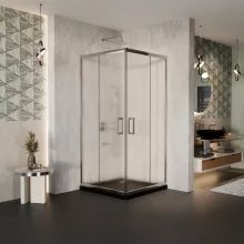 HD Nova 80x80 szögletes két tolóajtós matt zuhanykabin fekete slim zuhanytálcával és króm szifonnal, krómozott elemekkel, 190 cm magas